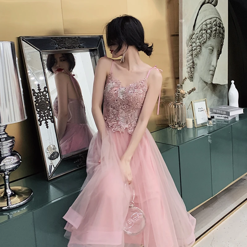 Новинка, милое розовое коктейльное платье для невесты, сексуальное кружевное платье с v-образным вырезом и аппликацией, вечерние платья длиной до середины икры на заказ
