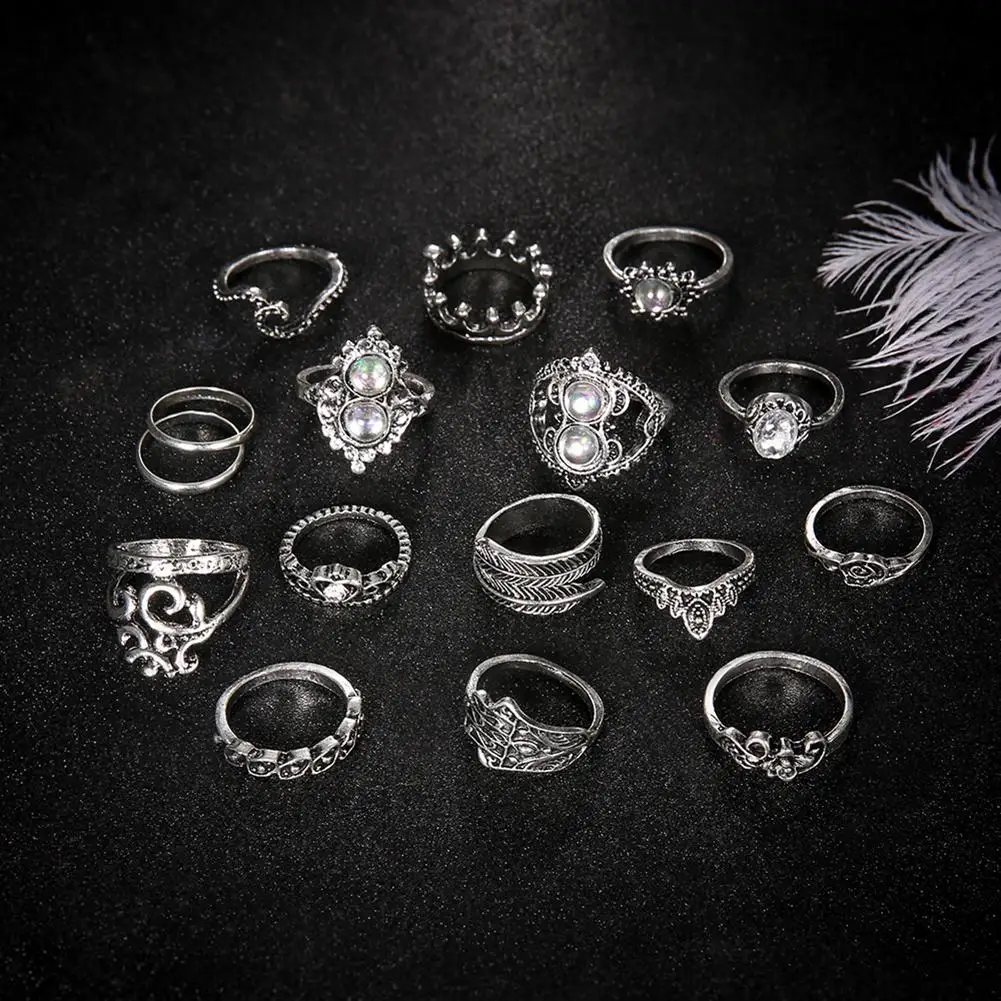 

16Pcs/Set Retro Boho Hamsa Hand Crown Finger Midi Knuckle Stacking Rings Jewelry Gift Cat's eye Index finger joint