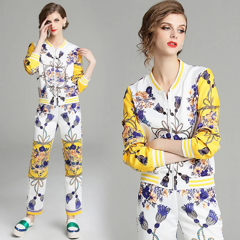 

2019 Spring Summer Fall 2 Piece Womens Set Retro Vintage Print Top Zippered Sweatshirt Blouse Jacket Coat + Pant Suits Luxury