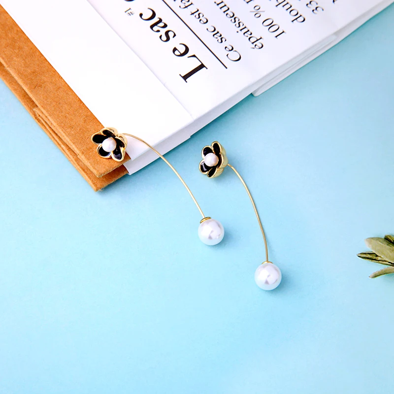 

Fashion gold Sone metal Black/White/Rose Red Color Enamel Sakura Flower Pearl Earrings For Women Wholesale Statement Jewelry
