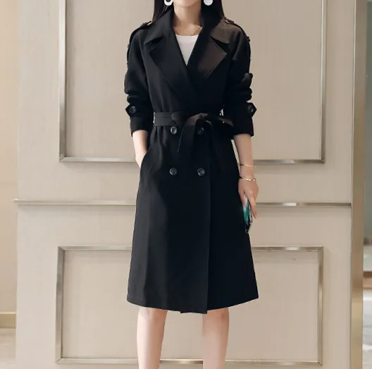Весна ветровка пальто женское новые свободные женские осенние пиджаки повседневные двубортные плащ с поясом Mujer средней длины тренчи - Цвет: Black
