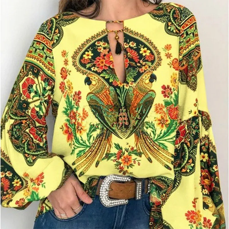 

Women Plus Size Ethnic Style Bohemian Blouse Shirt Casual printed Boho Blouses Elegant Sexy V Neck Beach Blusas