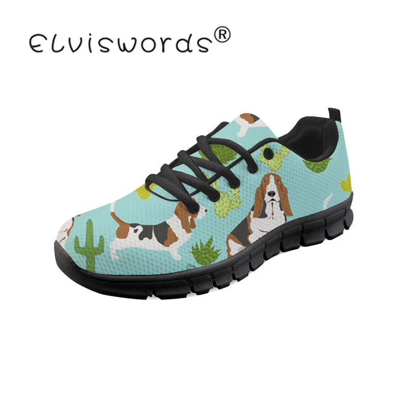 

ELVISWORDS Hound Mint Cactus Prints Women Mesh Flats Shoe Black Shoes Plat form Lace Up Woman Female Comfortable Casual Footwear