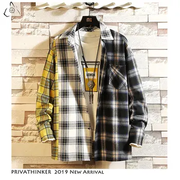

Privathinker Men Patchwork Plaid Shirt Autumn Cotton Three-color Pocket Shirt 2020 Mens Japanese Streetwear Causal Shirt