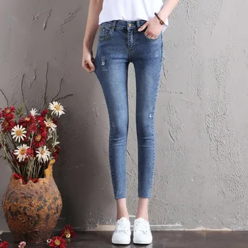 

Hiawatha 2019 Summer New Arrival Ankle-Length Pants Women Fashion Hole Skinny Stretch Jeans JST031