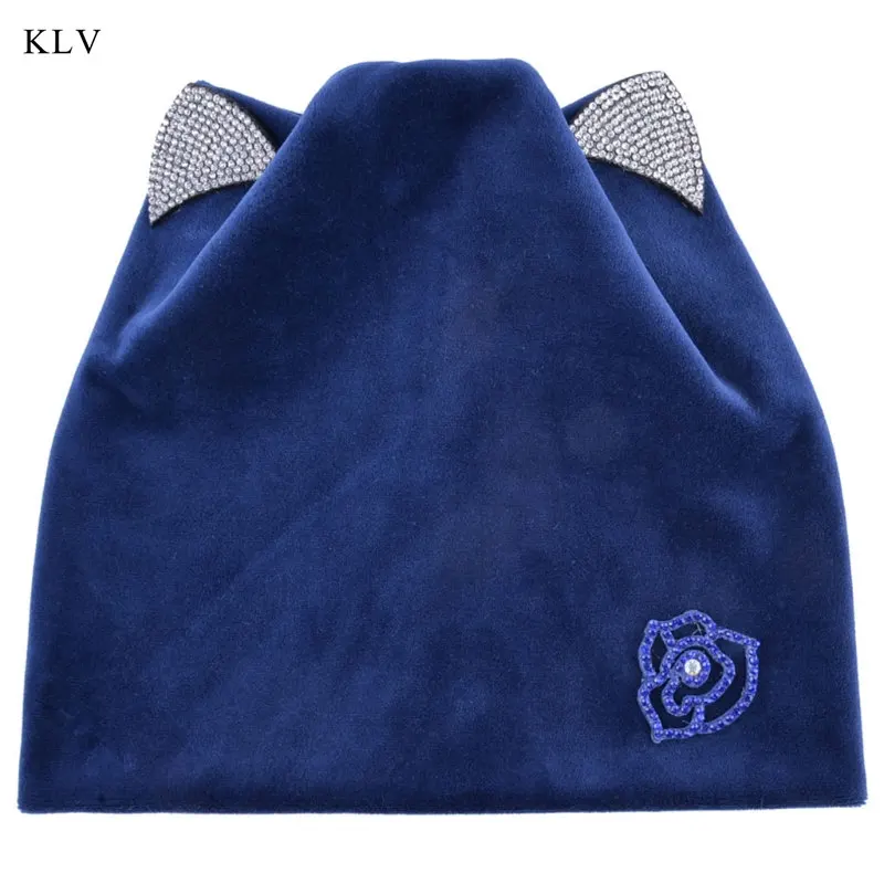 KLV New Womens Autumn Winter Flower Sweet Cat Ear Head Hat Velvet Warm Skullies Cap With Shiny Rhinestone Cute Sheathing Bonnet - Цвет: BL