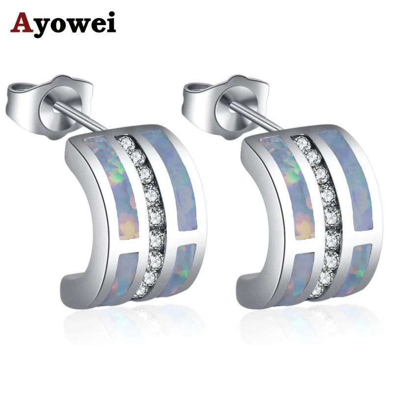 

Ayowei Trendy Bent earrings design for elegant ladies white fire Opal silver stamped stud earring jewelry OE749A
