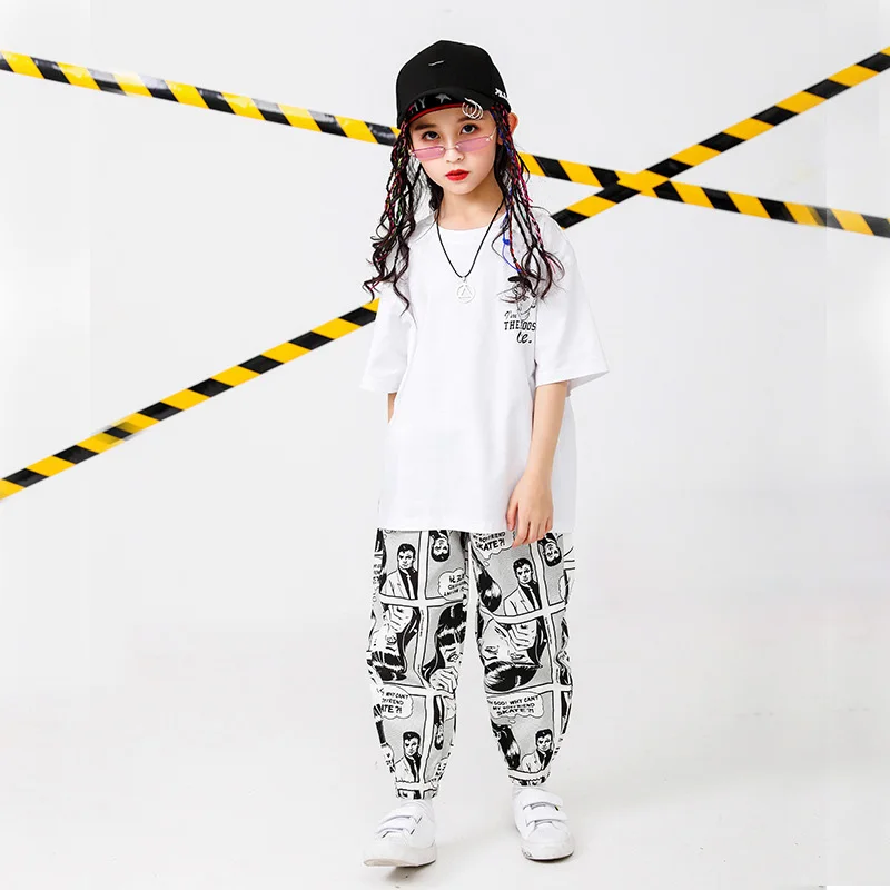Cheap Kids Hip Hop Clothing Oversized T Shirt Cartoon Running Casual Pants for Girls Boys Dance Costumes Wear Ballroom Dancing Clothes