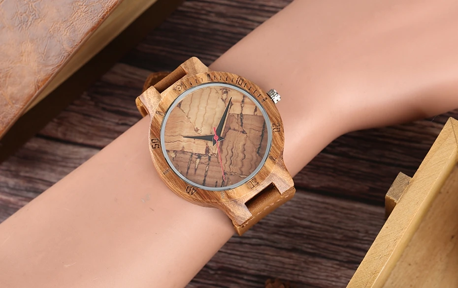 Wooden Watch Men's Unique Cork SlagBroken Leaves Face Dial Zebra Wood Quartz Clock Male Women Genuine Leather Band Wristwatches 2017 Christmas Gifts (26)