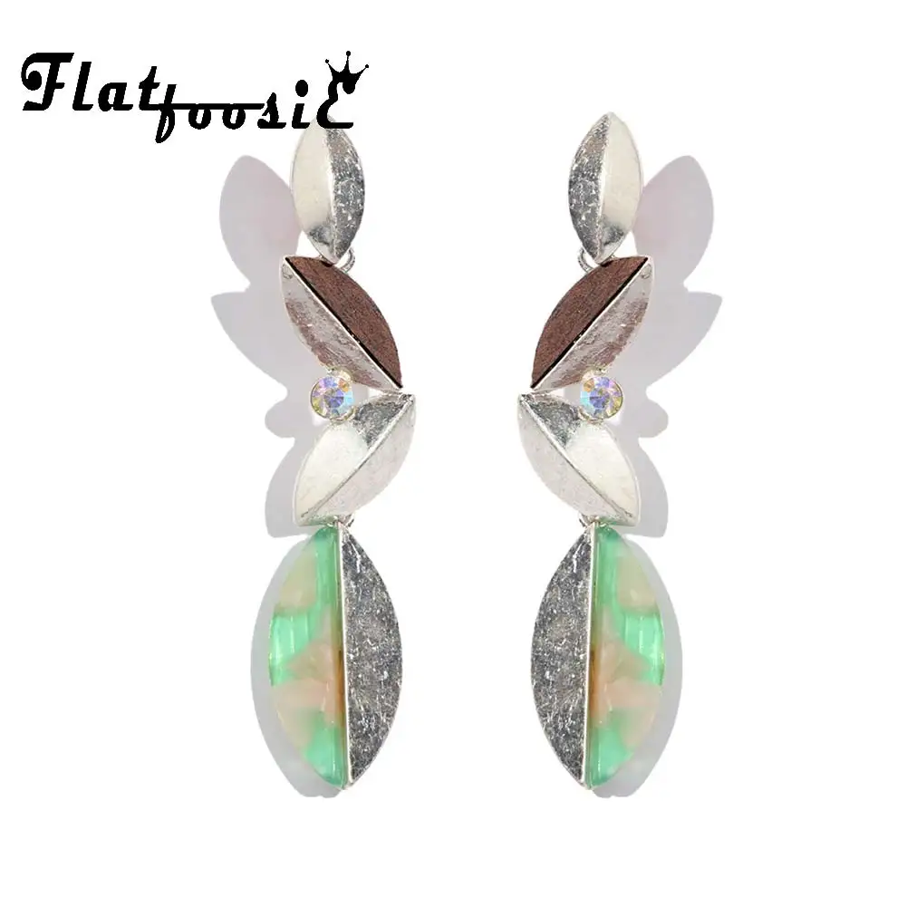 

Flatfoosie Silver Color Leaf Dangle Earrings For Women Fashion Acrylic Resin Crystal Vintage Wood Ling Drop Earring Boho Jewelry