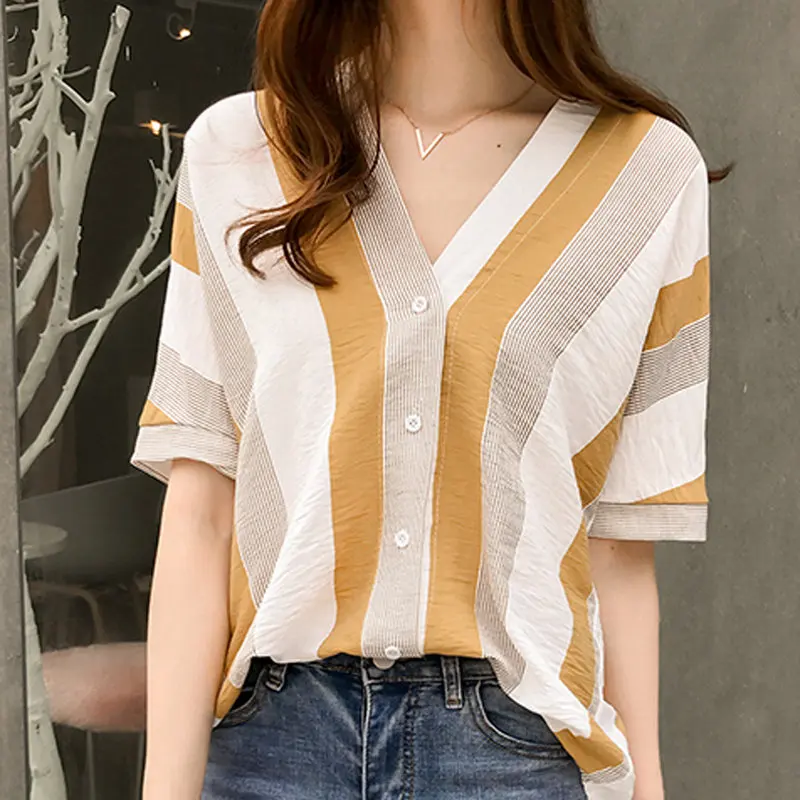 Vente 2018 Été Blouses Femmes V cou Manches Chauve Souris Chemises Femme De Mode Rayé Tops Plus La Taille Blusas Femininas Camisas Mujer F0054