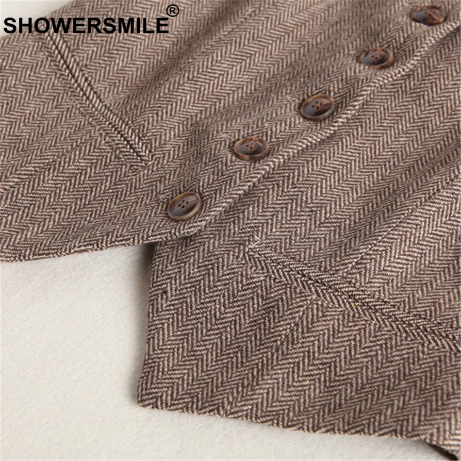 SHOWERSMILE Tweed Wool Herringbone Women Vest Autumn Brown Waistcoat Short Striped Vintage Female Slim Fit England Style Jacket