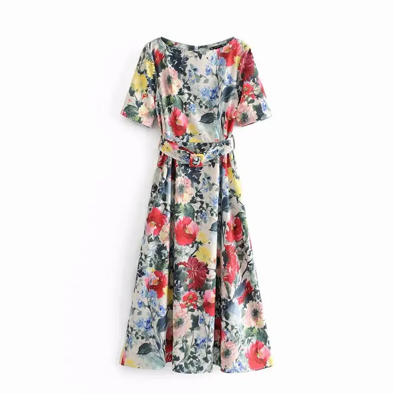 

2019 Women Dress Fashion Ink Floral Print dress Spring Summer Short sleeve O neck Belt Casual dresses Female vestidos#C601