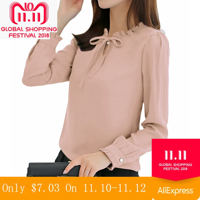 ผู้หญิงฤดูใบไม้ร่วงฤดูใบไม้ร่วงเสื้อแขนยาวเสื้อสบายๆเสื้อชีฟอง Office Lady ทำงานสีทึบสีขาวเสื้อ Plus ขนาด