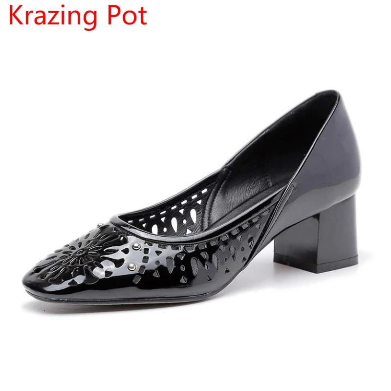 

Fashion Genuine Leather Solid Square Toe Flower Hollow Runway High Heels Women Beauty Pumps Cut Outs High Quality Sandals 32