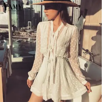 

Long sleeve jumpsuits for women 2018 elegant bow white rompers womens jumpsuit autumn sexy patchwork lace bodysuit streetwear