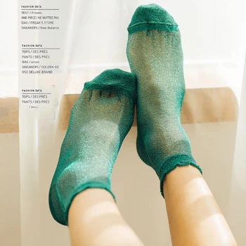 

SP&CITY Colored Thin Summer Hollow Out Short Lace Socks Women Glass Fiber Transparent Shiny Ankle Socks Harajuku Art Low Socks