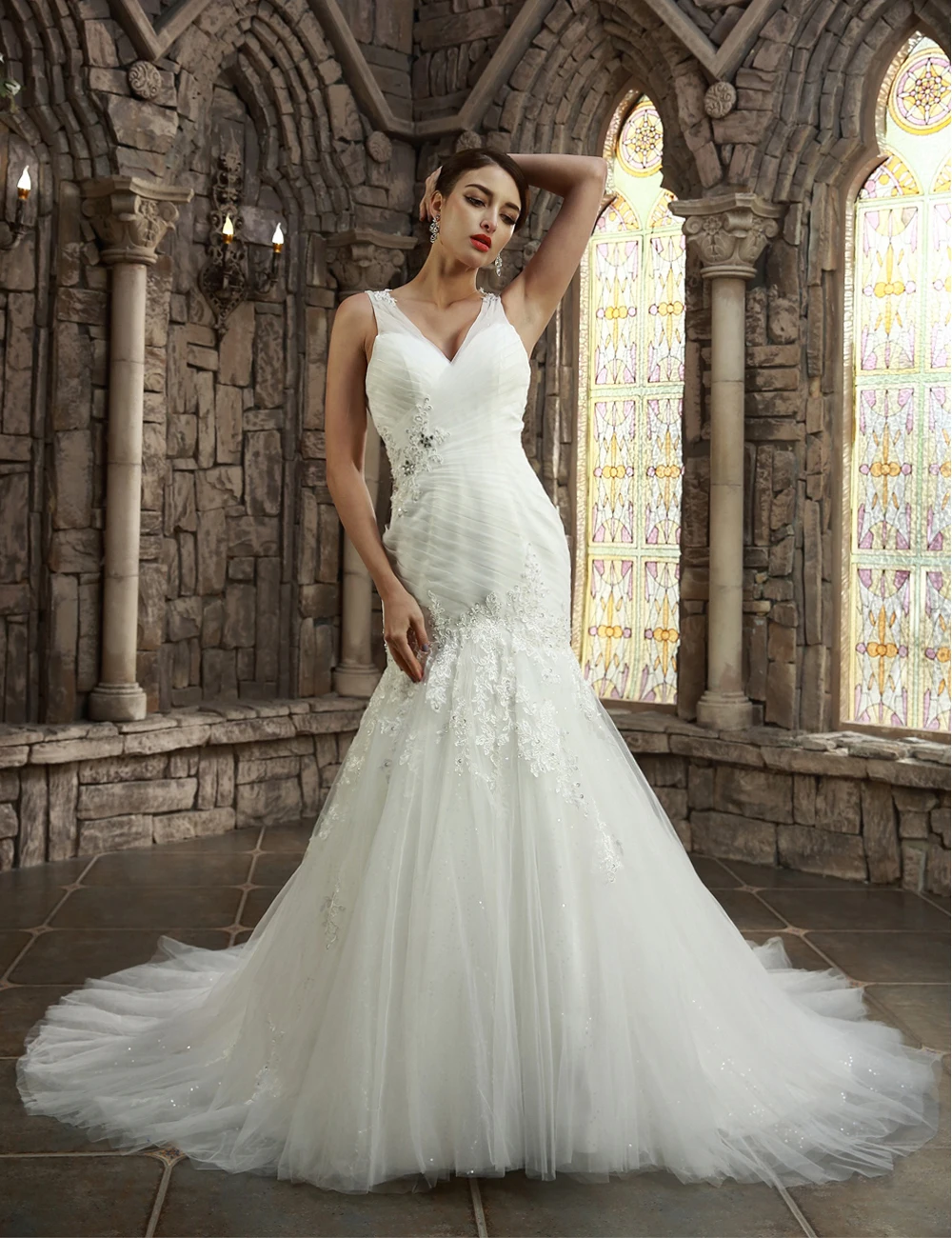 Real Pictures White Lace Mermaid Wedding Dress Cheap Lace Appliques Bridal Gowns Dresses For