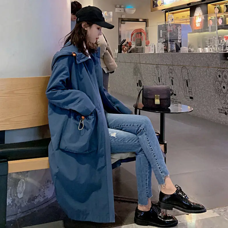 Шикарная ветровка Женская длинная Осенняя новая свободный, в Корейском стиле Студенческая 2019 популярная Повседневная куртка с капюшоном