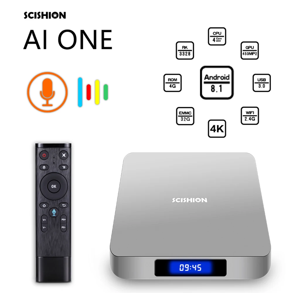 SCISHION AI One Android 8,1 tv Box Голосовое управление RK3328 4K медиаплеер TF карта до 32 гб поддержка 5,1 объемного звука выход