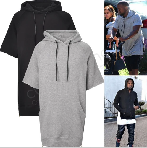 New Raw Edge Sleeve Side Zip Hooded Sweatshirt Hoodie Pullover oversized Kanye west short sleeve 