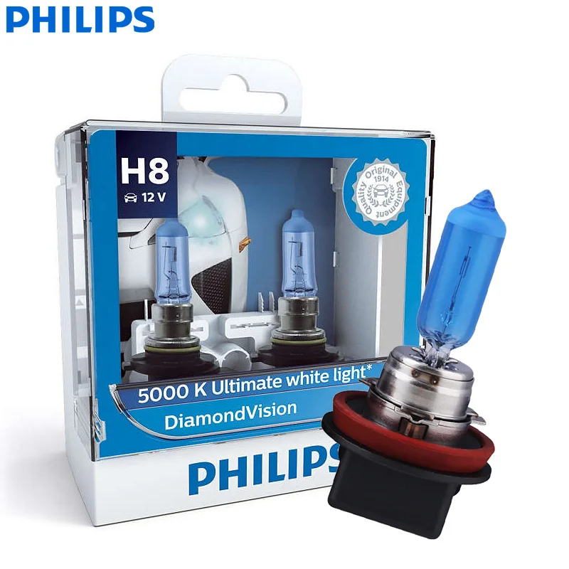 Philips Diamond Vision H1 H4 H7 H8 H11 9005 9006 HB3 HB4 12V DV 5000K холодный белый светильник, автомобильный галогенный головной светильник, противотуманная фара(двойной - Испускаемый цвет: H8