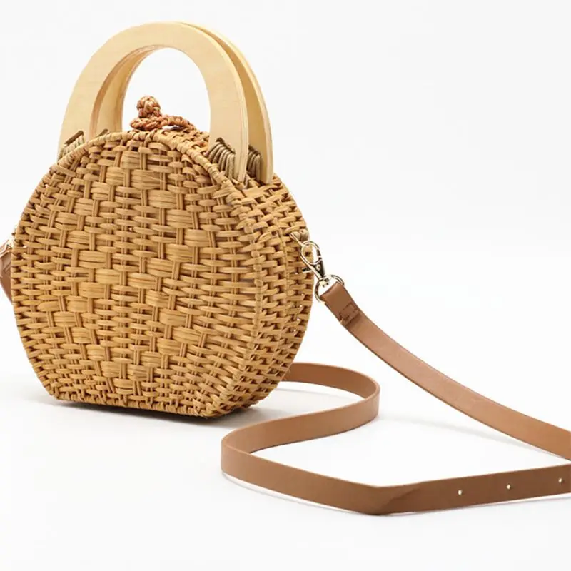 

Fashion New Round Hand-Woven Straw Knitting Handbag Tote Bag Crossbody Shoulder Bag for Women Ladies Summer Beach Travel