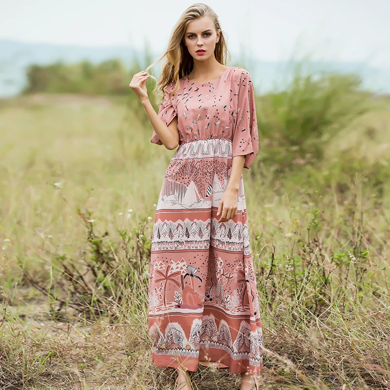 Богемное 2017 женское модное весенне-летнее платье с круглым вырезом и принтом