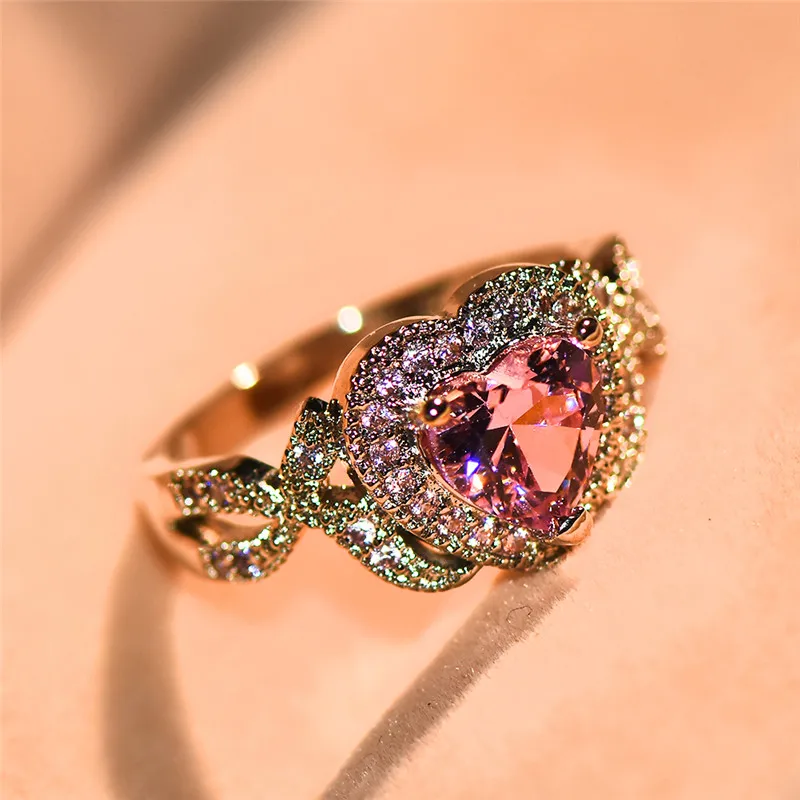

JUNXIN Cute Female Pink Stone Ring Fashion 925 Sterling Silver Filled Full Zircon Finger Ring Love Wedding Rings For Women