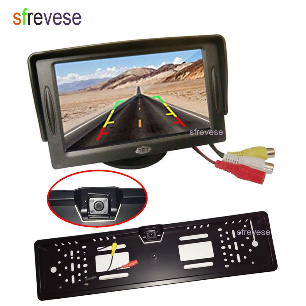 

4.3" Car Vehicle LCD Monitor Rear View Kit + Waterproof EU Car License Plate Frame Reversing Backup Parking 4 LED Camera