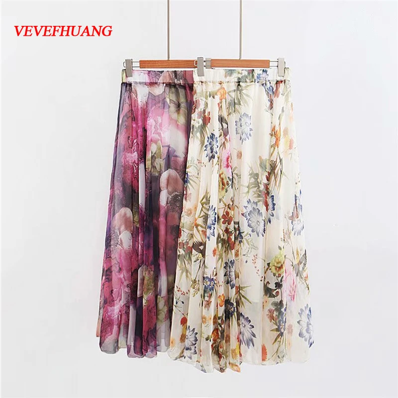 Новые летние женские длинные юбки Бохо шифон женские винтажные Высокая талия принт плиссированные размера плюс Удобная высокая женская одежда