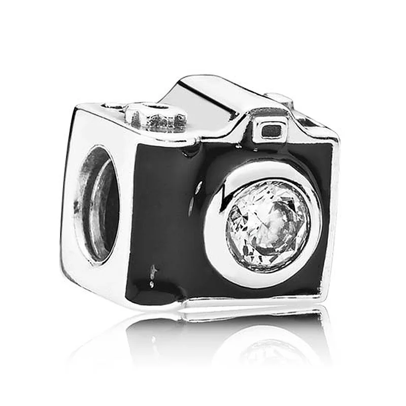 

Authentic 925 Sterling Silver Bead Charm Black Enamel Camera With Crystal Beads Fit Pandora Bracelet Bangle DIY Jewelry