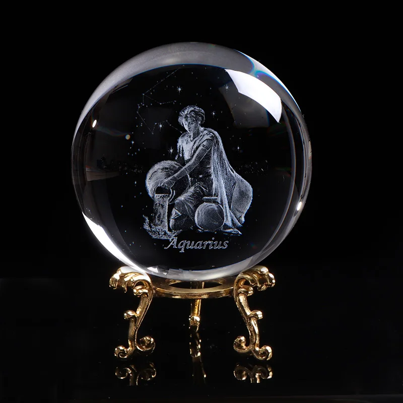 Аквариус 3D Хрустальный шар с лазерной гравировкой, декоративные аксессуары для дома, зодиакальное созвездие, стеклянная сфера - Цвет: With gold base