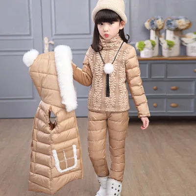 

2017 winter children clothing sets down&parka jacket sets vest-pants-jacket hooded baby girls leather jacket & coat Pony pattern