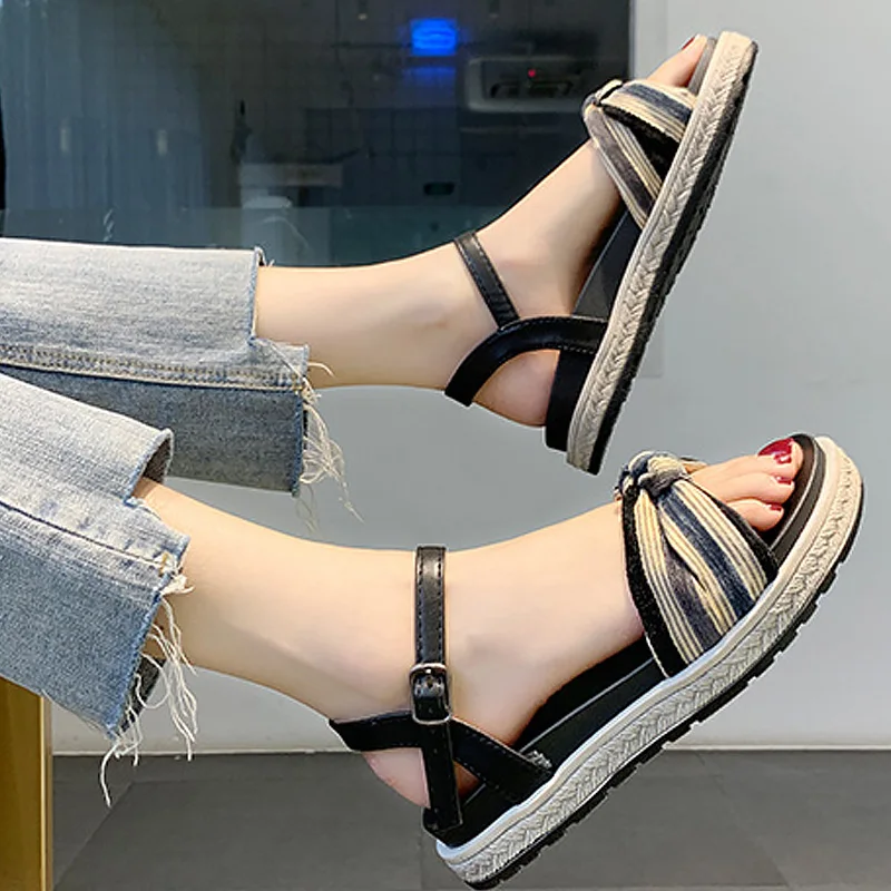 

Women's Shoes Summer Mixed Colors Bow Platform Sandals Female Buckle Strap Comfy Fish Mouth Roman Shoes For Women Fashion