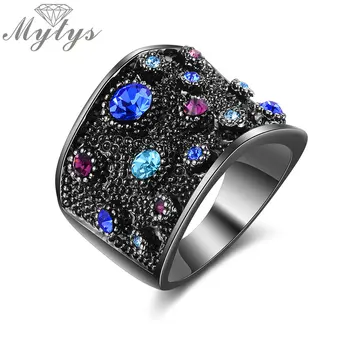 

Mytys Wide Statement Ring Black Color Finger Rings For Women Multicolor Rhinestones Paved Setting Fashion Cocktail Jewelry R2127