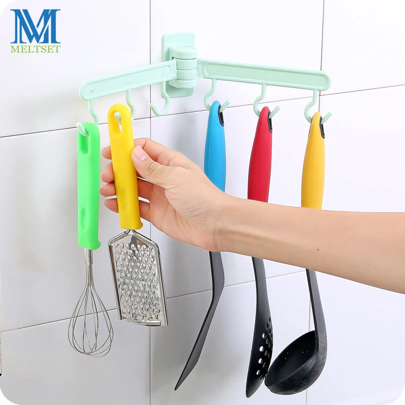 

Adjustable Kitchen Tableware Rack Hanging Holder Bathroom Strong Sucker Rack 6 Hooks For Towel Spoon Knife Cookware