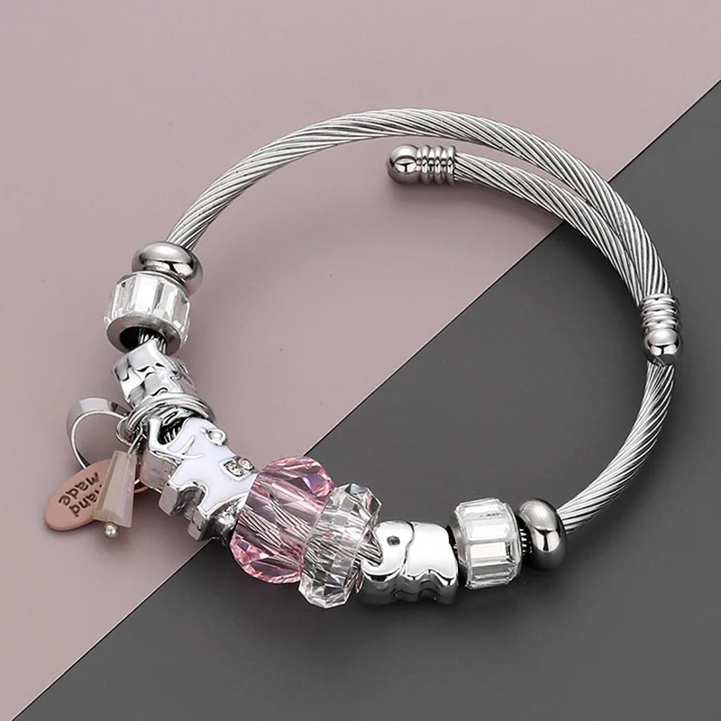 

RAVIMOUR DIY Bracelets Bangles Women Jewelry Fashion Elephant Cuff Bracelet Femme Acrylic Bead Steel Chain Pulseiras Bijoux 2018