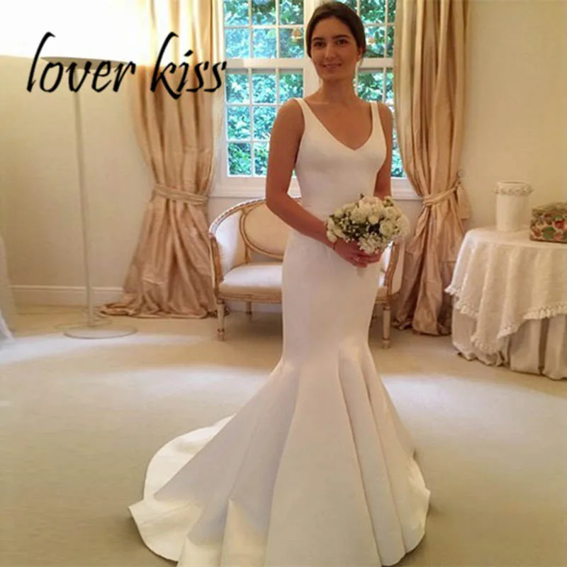 

Lover Kiss Vestido De Noiva Modest V Neck Mermaid Satin Wedding Dress With Straps Backless With Bow Bridal Gowns Beach Summer