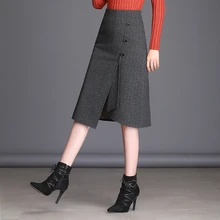 Женская Асимметричная шерстяная юбка на пуговицах, Осень-зима, Женская Офисная сексуальная модная шерстяная юбка в полоску с высокой талией, P42