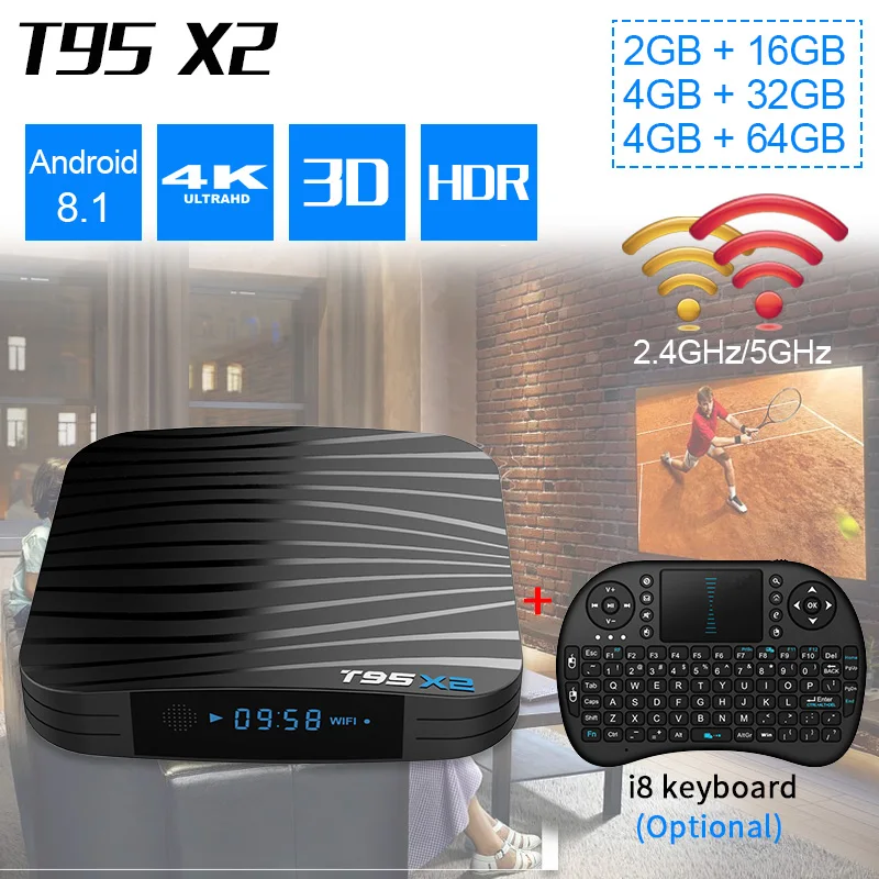 

T95X2 S905X2 Android 8.1 2G+16G 4G+32G 4G+64G Set Top Boxes 4K Ultra HD H.265 Smart TV Box USB 3.0 Wifi 2.4Ghz Media Player