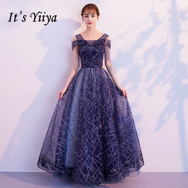 

It's YiiYa Evening Dress Shining Out Off Shoulder Elegant Blue Formal Dresses Sexy Boat Neck A-line Lace Up Long Party Gown E080