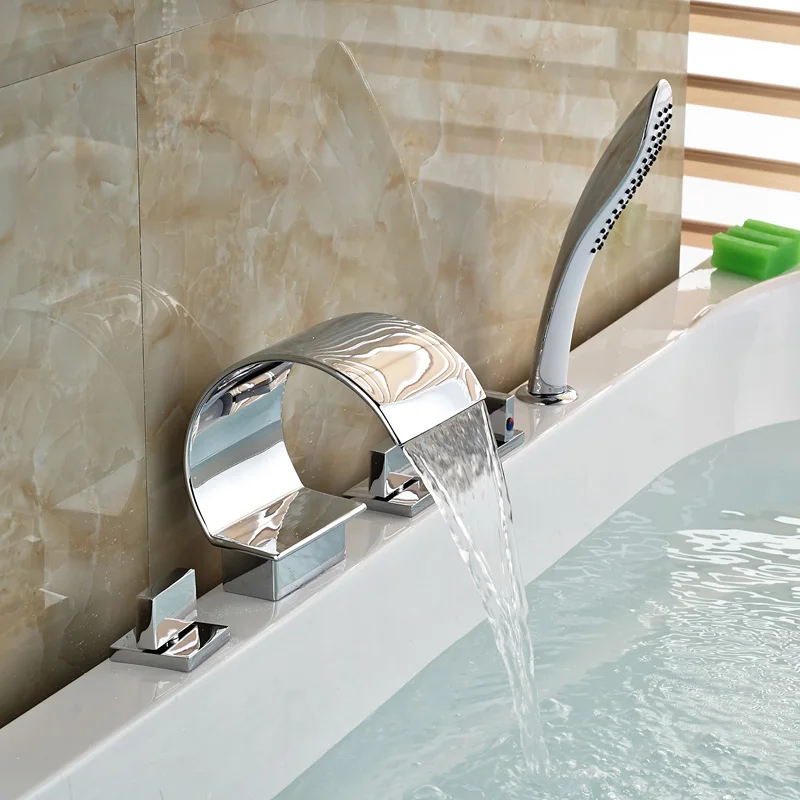 Яркий хромированный смеситель для ванной комнаты с водопадом, смеситель для ванны, набор для установки на бортике с ручным душа, 3 ручки, широко распространенные краны для ванной - Цвет: MY76 F3