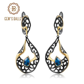 

GEM'S BALLET Natural London Blue Topaz Handmade Hollow Element Drop Earrings 925 Sterling Silver Fine Jewelry for Women Wedding