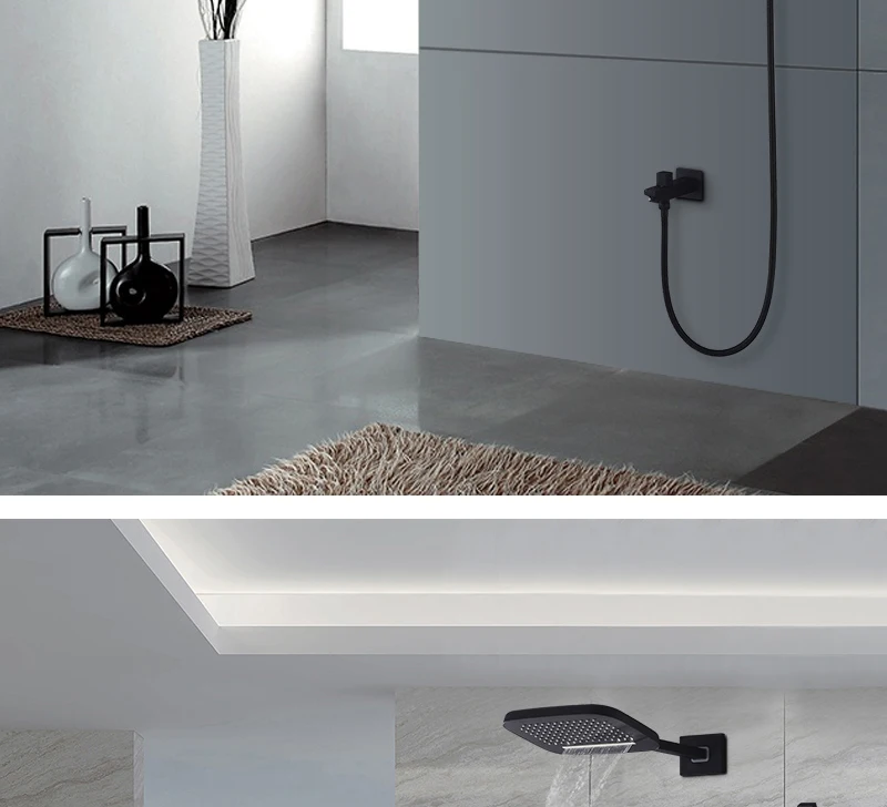 hm Luxury Thermostatic Waterfall Rain Shower Head & Hand Shower Set in Solid Brass Black Bathroom Faucet Wall Mounted System (8)