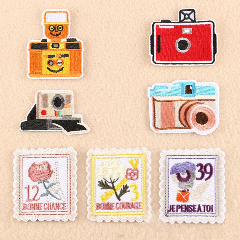 

1 PCS Cartoon Camera Patches for Kids Clothes Iron on Appliques DIY Stripes Embroidery Stickers Sew on Vintage Stamp Badges - 66