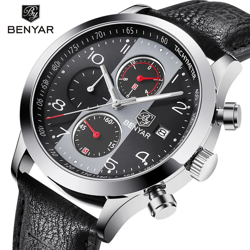 

NEW Men's Quartz Watch BENYAR Top Luxury Brand Sports Leather Waterproof Quartz Watch Fashion Military Timing Male Clock Relogio