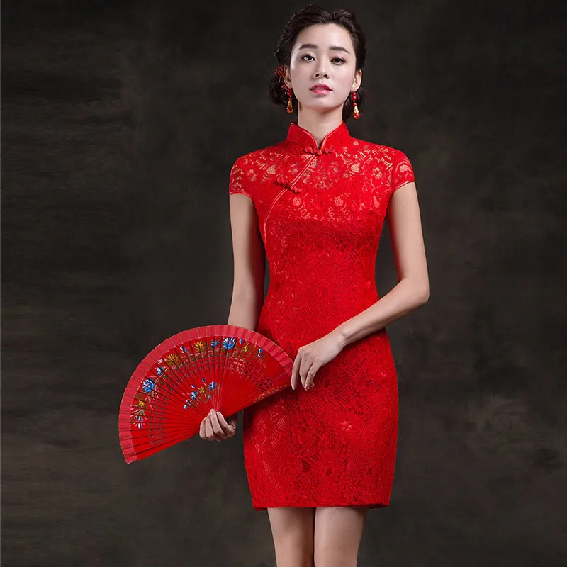 Невесты Cheongsam современный красное платье Мини Qipao короткие китайское традиционное платье халат Orientale кружева Ци Пао Vestido Oriental QL