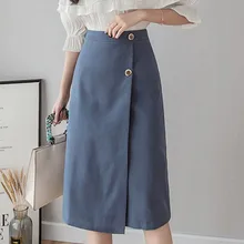 Весенняя новинка, Женская юбка с высокой талией, корейская мода, черная, средней длины, Женская юбка, офисная, женская, на пуговицах, прямая юбка