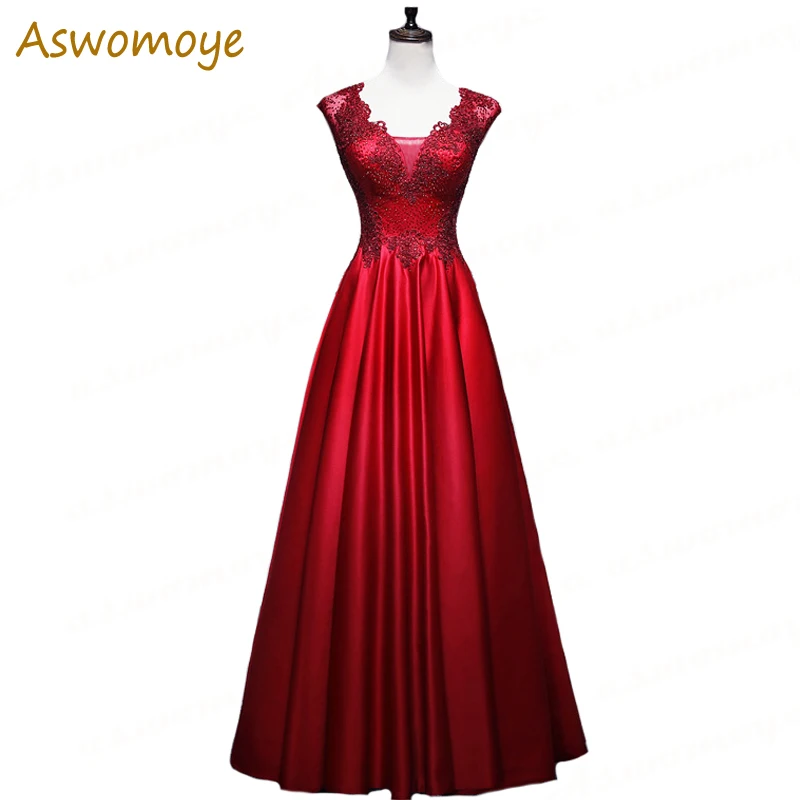 

Elegant and Long-style Spring 2019 Wine Red Evening Dress Illusion V-neck a Line Prom Party Dresses Back Lace Up Haute Couture